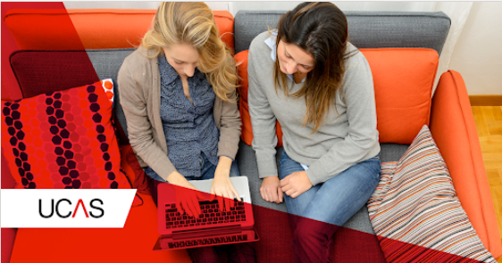 Two people using a laptop on a sofa advertising UCAS