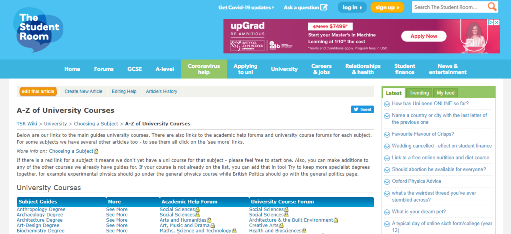 The student room's university course guide screenshot