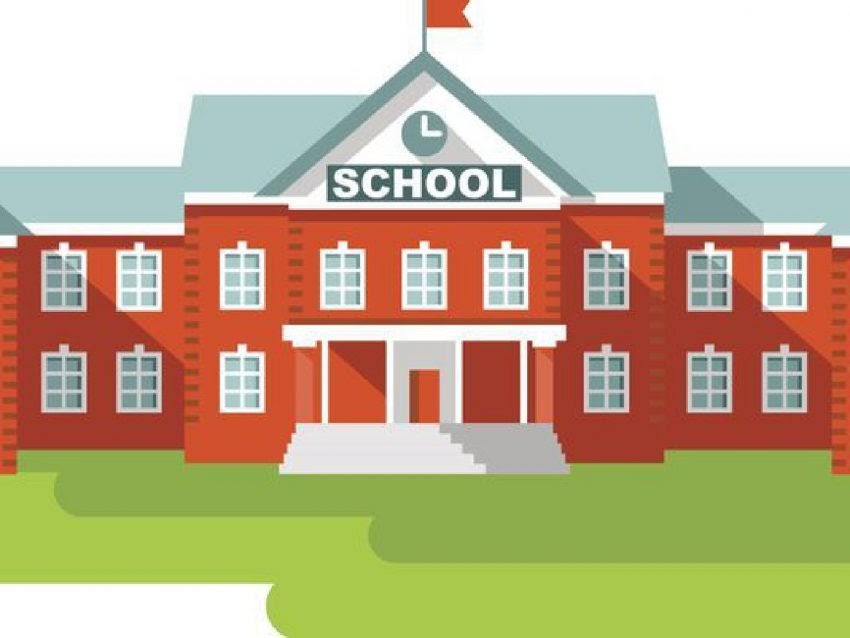 Cartoon graphic of a School building with grass in front of it and a flag flying from its roof.