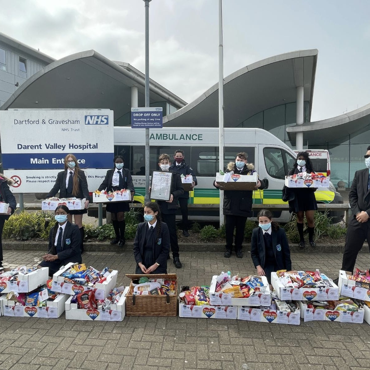 Leigh Academy students are pictured outside Darent Valley Hospital in Dartford, carrying boxes full of donations to give to NHS frontline workers during the Coronavirus Pandemic.