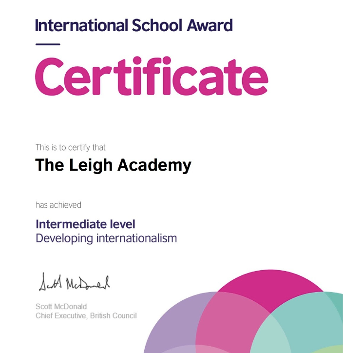 International School Award Certificate for The Leigh Academy for achieving Intermediate Level.