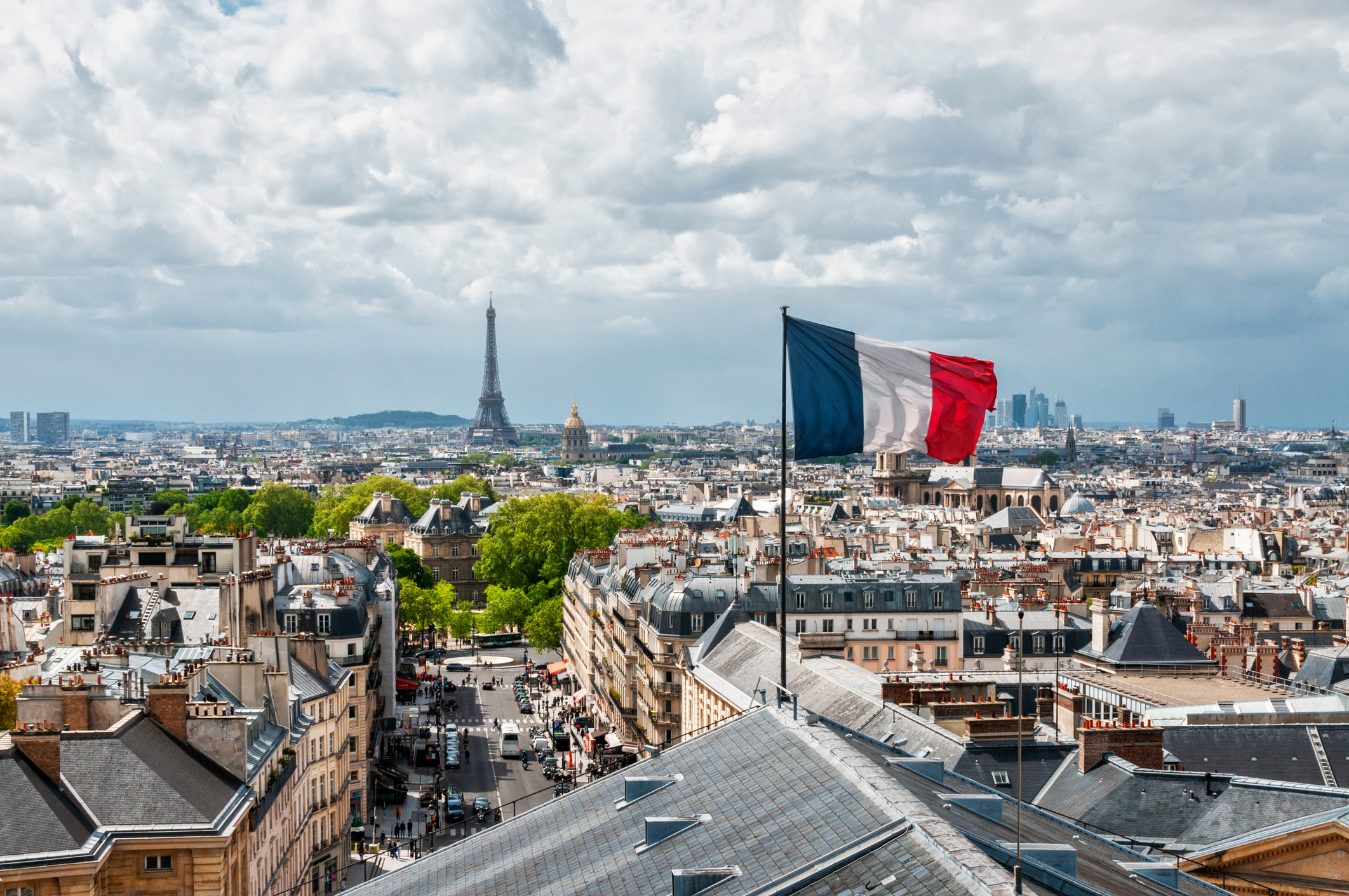 View on Paris roofs, with Tour Eiffel in background. Panthéon, in Paris, France. May 21, 2021.
